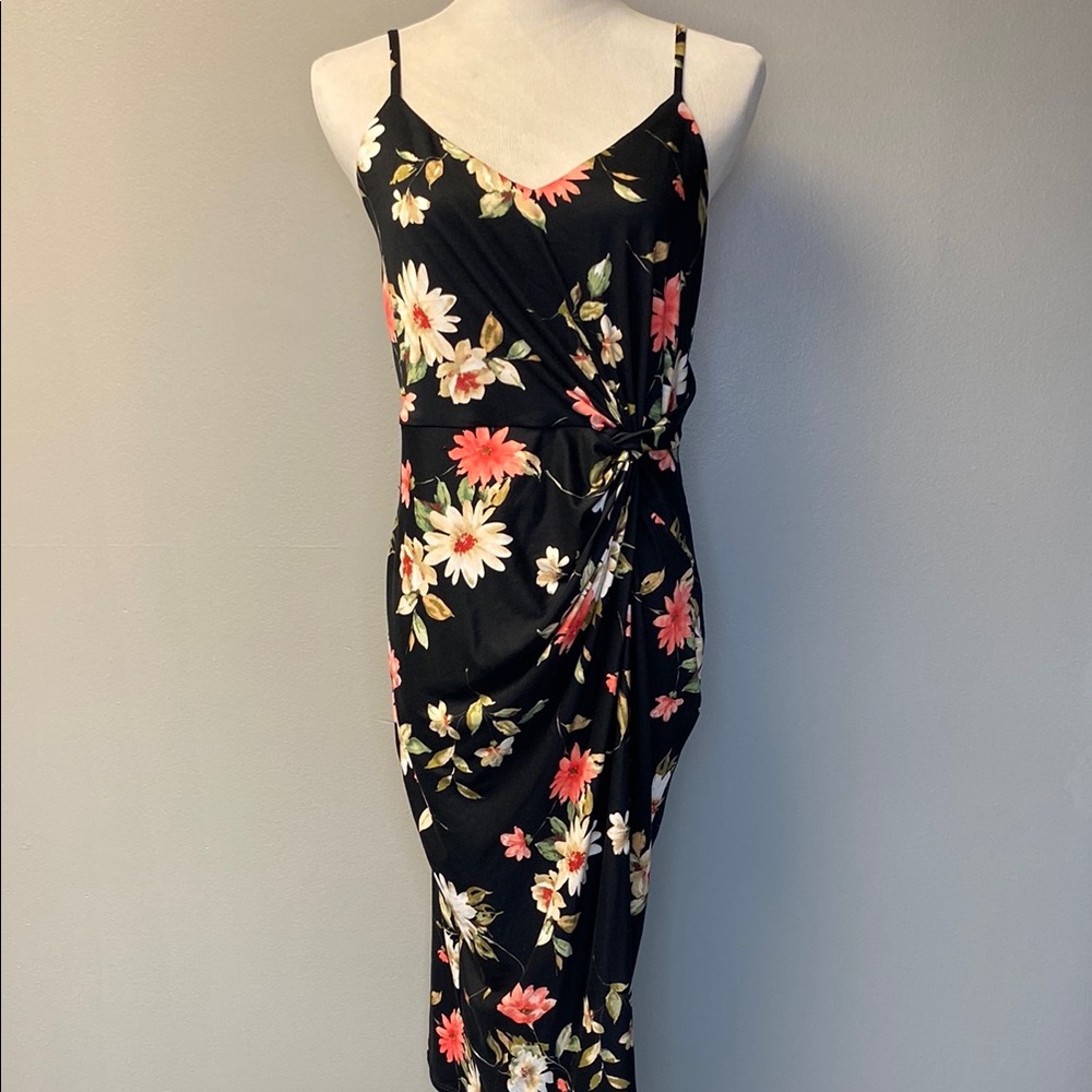 Nine Britton Orange and Black Midi Sundress Spaghetti Straps